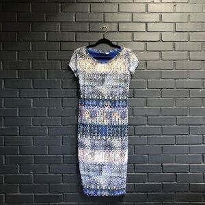 CATO Blue Midi Boho Print Dress Cap Sleeve Bodycon